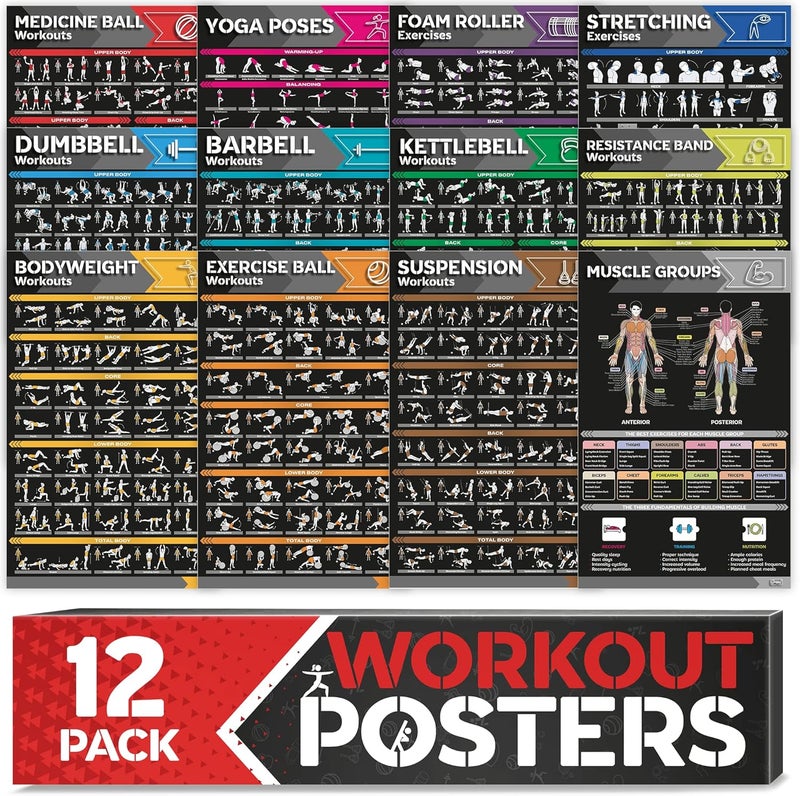 GRAND BASICS [12-PACK] Laminated Large Workout Poster Set - Perfect Workout Posters for Home Gym - Exercise Charts Incl. Dumbbell, Yoga Poses, Resistance Band, Kettlebell, Stretching & More Fitness Gym Posters - Image 1